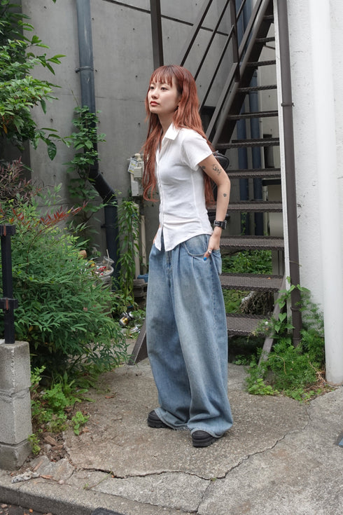 リネン混ハーフスリーブトップス